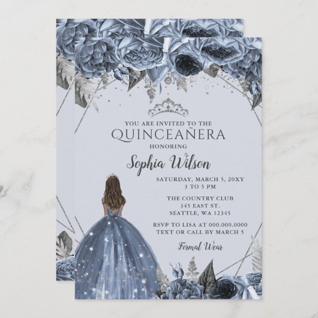 Silver Dusty Blue Floral Princess Quinceañera  Invitation (Front/Back)