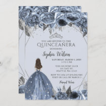 Silver Dusty Blue Floral Princess Quinceañera  Invitation