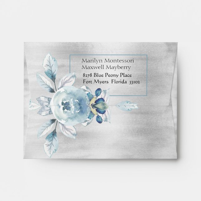 Silver Dusty Blue Peony Save The Date Thank You Envelope (Back (Top Flap))