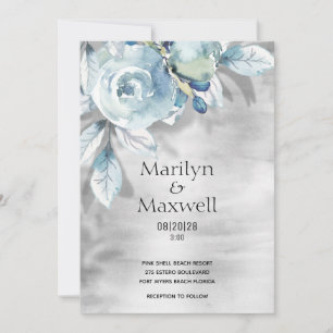 Silver Dusty Blue Peony Shadow Wedding Invitation