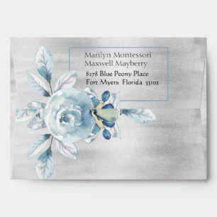 Silver Dusty Blue Peony Wedding 5 x 7 " Invitation Envelope