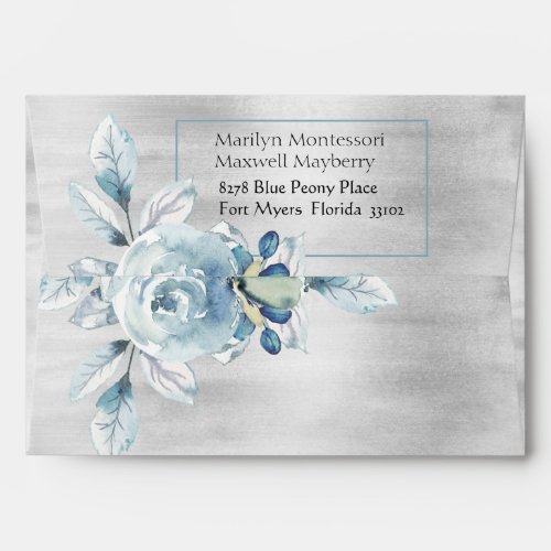 Silver Dusty Blue Peony Wedding 5 x 7  Invitation Envelope