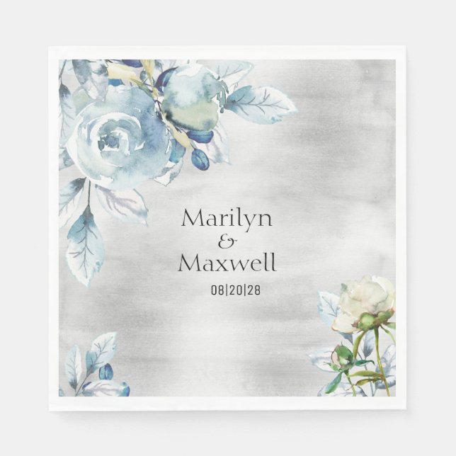 Silver Dusty Blue Peony Wedding 6 Inch Luncheon Napkins (Front)
