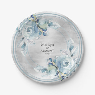 Silver Dusty Blue Peony Wedding 7 Inch Luncheon Paper Plates