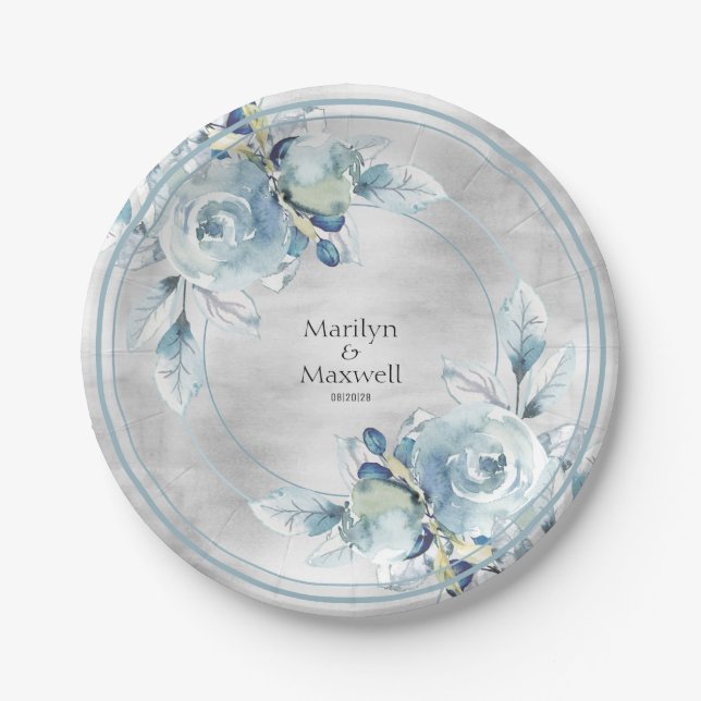 Silver Dusty Blue Peony Wedding 7 Inch Luncheon Paper Plates (Front)