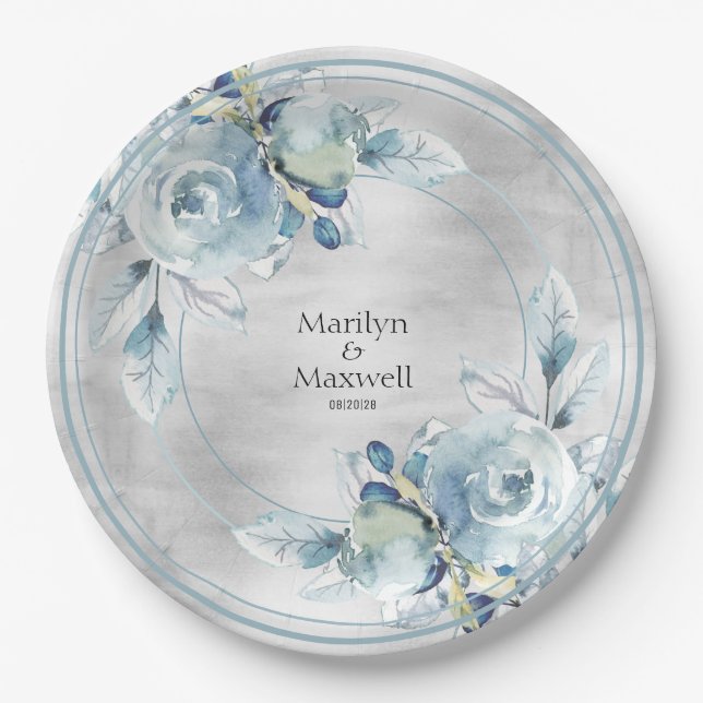 Silver Dusty Blue Peony Wedding 9 Inch Dinner Paper Plates (Front)