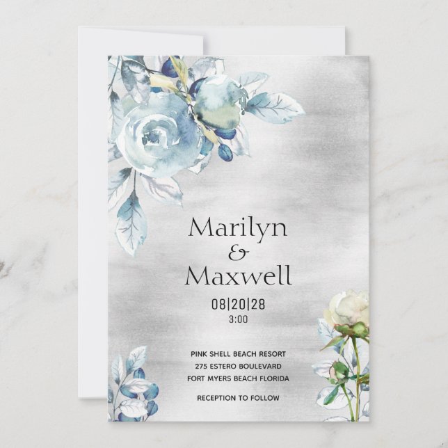 Silver Dusty Blue Peony Wedding Invitation (Front)