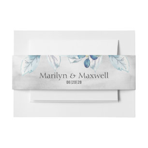 Silver Dusty Blue Peony Wedding  Invitation Belly Band