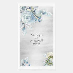 Silver Dusty Blue Peony Wedding Long Dinner Napkin