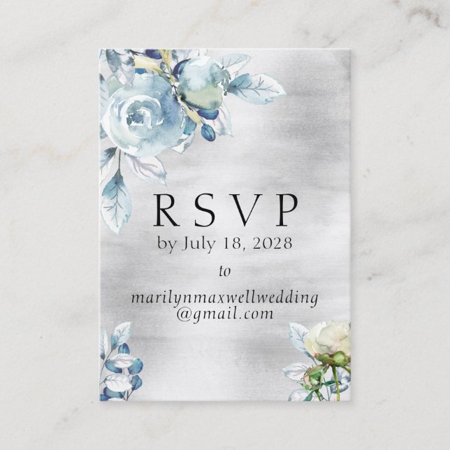Silver Dusty Blue Peony Wedding Online RSVP Detail Business Card (Front)
