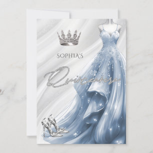 Silver Dusty Blue Sparkle Dress Quinceañera  Invitation