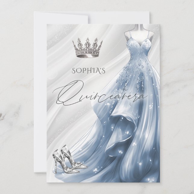 Silver Dusty Blue Sparkle Dress Quinceañera  Invitation (Front)