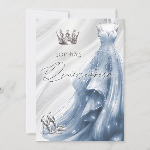 Silver Dusty Blue Sparkle Dress Quinceaera  Invitation