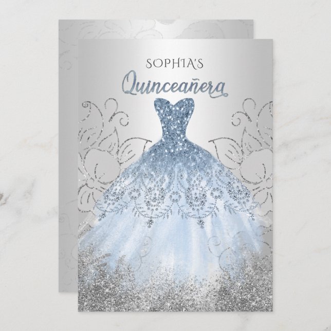 Silver Dusty Blue Sparkle Dress Quinceañera Quince Invitation (Front/Back)