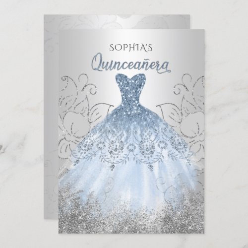 Silver Dusty Blue Sparkle Dress Quinceaera Quince Invitation