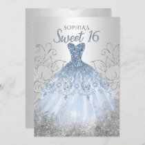 Silver Dusty Blue Sparkle Dress Sweet 16 birthday Invitation
