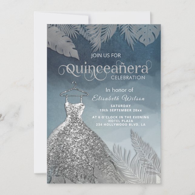 Silver dusty blue tropical dress Quinceañera  Invitation (Front)