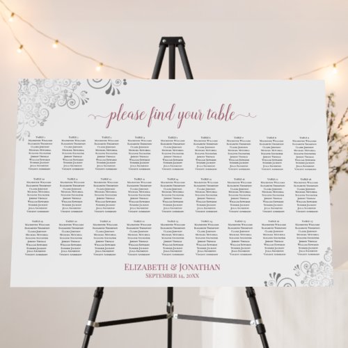 Silver & Dusty Rose 27 Table White Seating Chart Foam Board