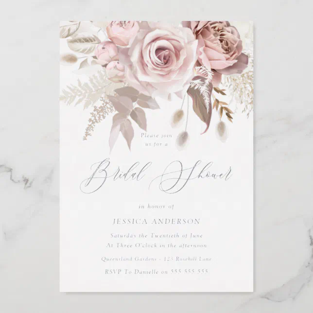 Silver, Dusty Rose & Blush Floral Bridal Shower Foil Invitation | Zazzle