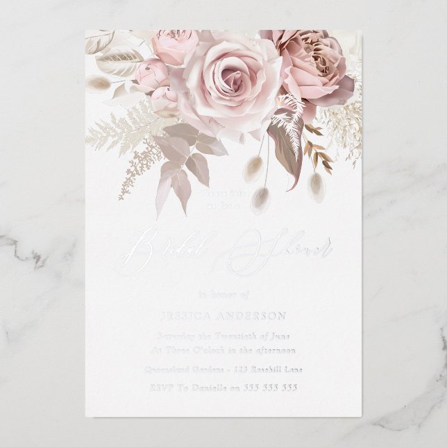 Silver, Dusty Rose & Blush Floral Bridal Shower Foil Invitation (Front)