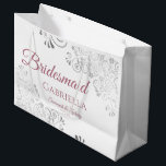 Silver & Dusty Rose on White Bridesmaid Wedding Large Gift Bag<br><div class="desc">These beautiful gift bags are designed as a wedding gift or favor bag for your Bridesmaids. They feature a simple yet elegant design with ornate silver faux foil curls and swirls, and dusty rose or mauve pink colored text reading "Bridesmaid" written in fancy script letters. There is also a place...</div>