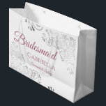 Silver & Dusty Rose on White Bridesmaid Wedding Large Gift Bag<br><div class="desc">These beautiful gift bags are designed as a wedding gift or favor bag for your Bridesmaids. They feature a simple yet elegant design with ornate silver faux foil curls and swirls, and dusty rose or mauve pink colored text reading "Bridesmaid" written in fancy script letters. There is also a place...</div>