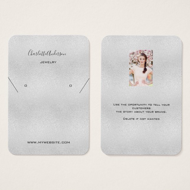 Silver earring jewelry photo bio display card (Front & Back)
