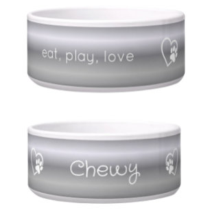 Silver 'eat, play, love' Dog Name Bowl