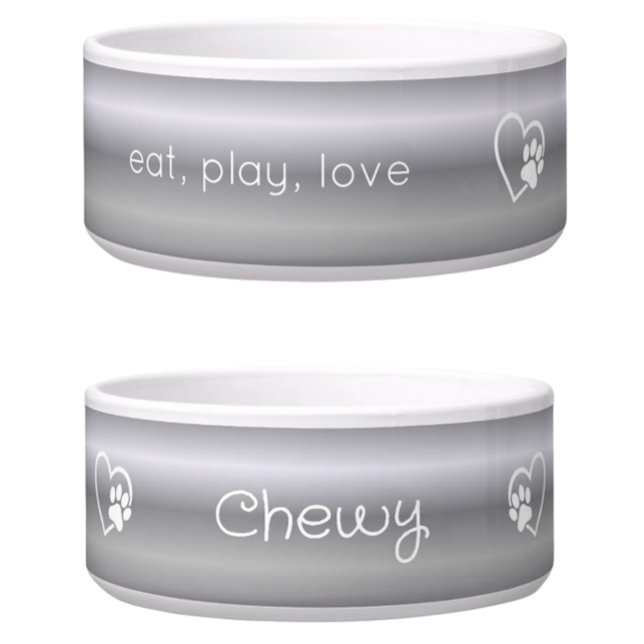 Silver 'eat, play, love' Dog Name Bowl (Creator Uploaded)