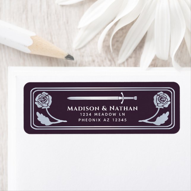 Silver Eggplant Medieval Fantasy Sword Wedding Label (Insitu)