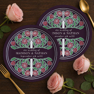 Silver Eggplant Medieval Floral Sword Wedding  Paper Plates