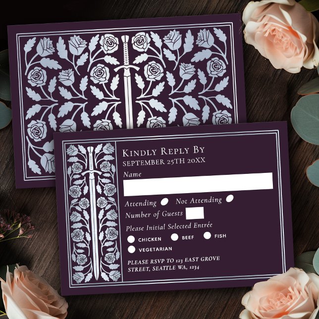 Silver Eggplant Medieval Sword Wedding RSVP Card (Creator Uploaded)