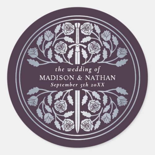 Silver Eggplant Royal Medieval Sword Wedding  Classic Round Sticker