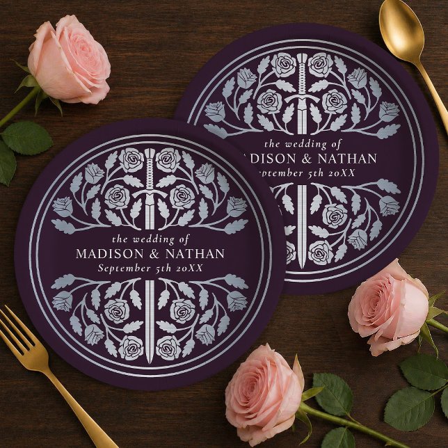Silver Eggplant Royal Medieval Sword Wedding  Paper Plates (Creator Uploaded)