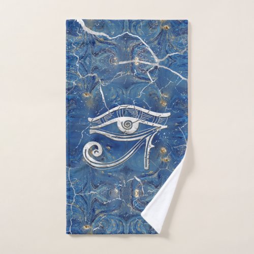 Silver Egyptian Eye of Horus  on blue marble Bath Towel Set