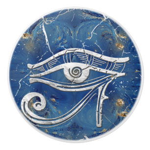 Silver Egyptian Eye of Horus on blue marble Ceramic Knob