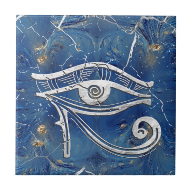 Silver Egyptian Eye of Horus  on blue marble Ceramic Tile (Front)