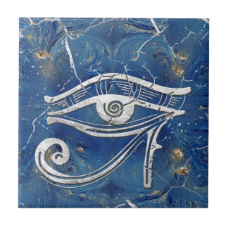 Silver Egyptian Eye of Horus on blue marble Ceramic Tile