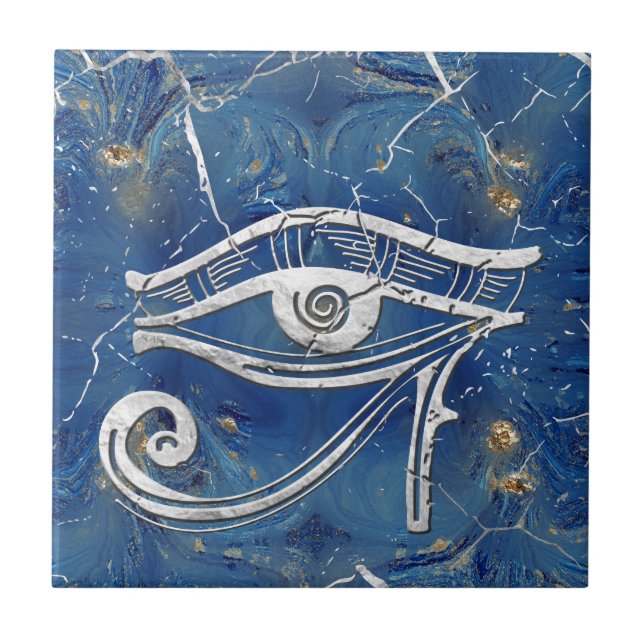 Silver Egyptian Eye of Horus  on blue marble Ceramic Tile (Front)