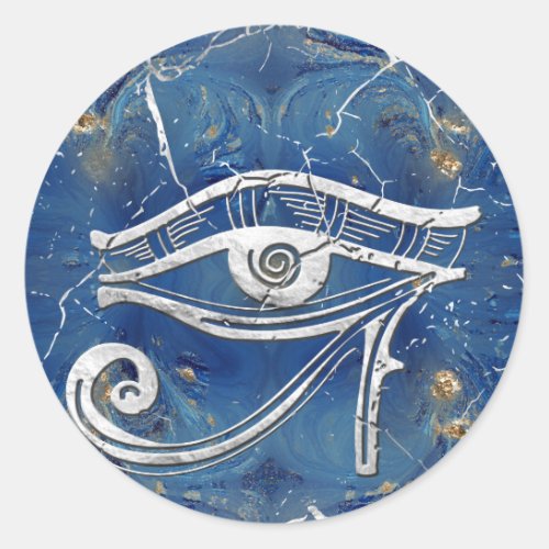 Silver Egyptian Eye of Horus  on blue marble Classic Round Sticker