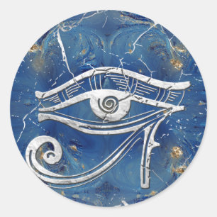 Silver Egyptian Eye of Horus on blue marble Classic Round Sticker
