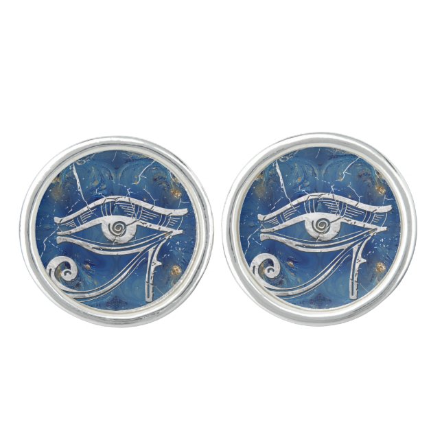 Silver Egyptian Eye of Horus  on blue marble Cufflinks (Front)