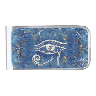 Silver Egyptian Eye of Horus on blue marble Finish Money Clip