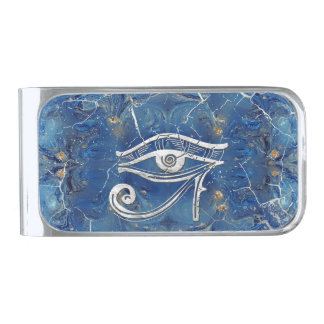 Silver Egyptian Eye of Horus on blue marble Finish Money Clip