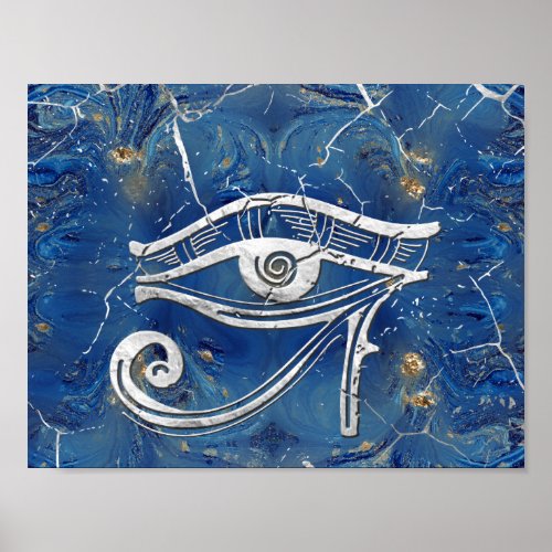 Silver Egyptian Eye of Horus  on blue marble Poster