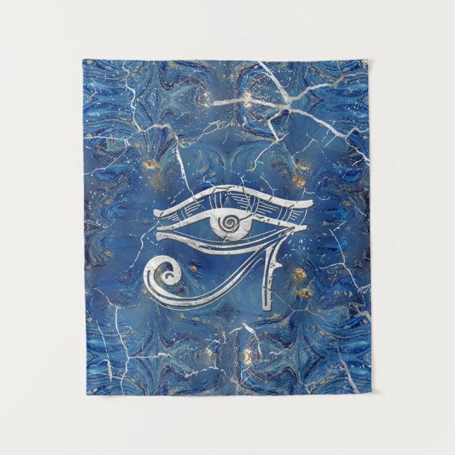 Silver Egyptian Eye of Horus  on blue marble Tapestry (Front)