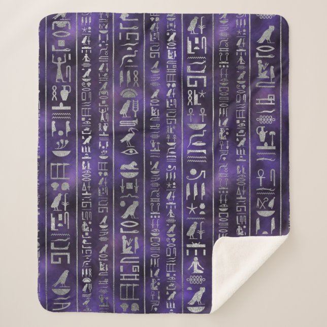 Silver Egyptian hieroglyphics pattern Sherpa Blanket (Front)
