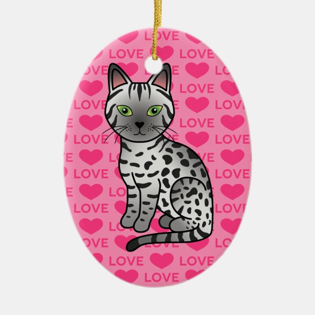 Silver Egyptian Mau Cat Illustration Ceramic Ornament (Front)