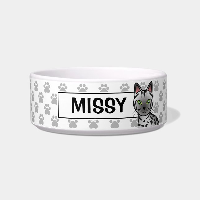 Silver Egyptian Mau Cat Illustration With Name Bowl (Front)