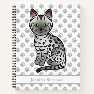 Silver Egyptian Mau Cute Cartoon Cat & Custom Text Notebook